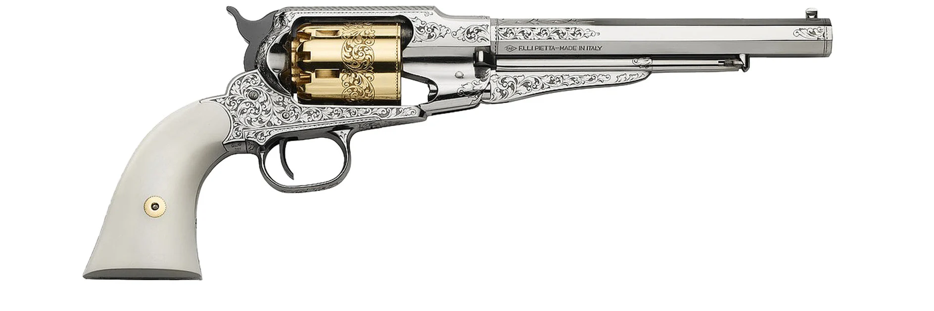 Pietta 1858 Single Action - .44 Caliber - Engraved - Nickel - Gold Cylinder - White Synthetic Grips - 8" Barrel - RGNI44/D/CS