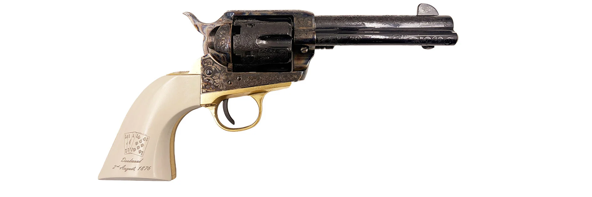 Pietta 1873 Single Action - .44 Caliber - Engraved - Brass Trigger Guard - White Grips - Dead Man's Hand - 5" Barrel - SA73-063/LE/IG/A&E