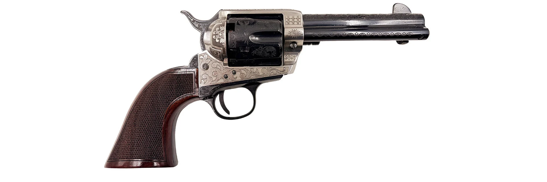 Pietta 1873 Single Action - .44 Caliber - Engraved Old Silver Finish - Checkered Wooden Grips - 5" Barrel - SA73-024/OSF/PT/LC