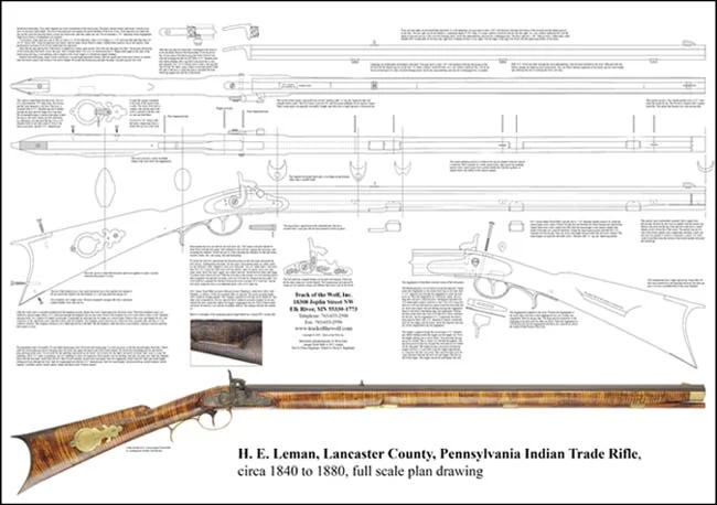 Plan Drawing,exact full size line art, dimensions, and color photos,taken from our original antiqueHenry E. Leman Trade Rifle