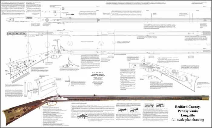 Plan drawing,exact full size on 36 x 60" bond paper, full color photo, tips and hints for assembly,to build our Bedford County longrifle