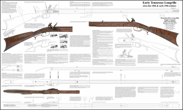 Plan drawing,full exact size,tips and hints for assembly,to build our Early Tennessee Rifle