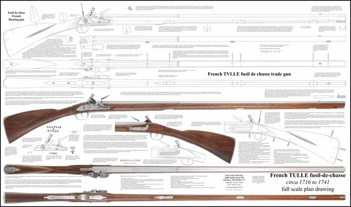 Plan drawing,full exact size, with tips for assembly to build our TULLE fusil-de-chasse, French hunting gun