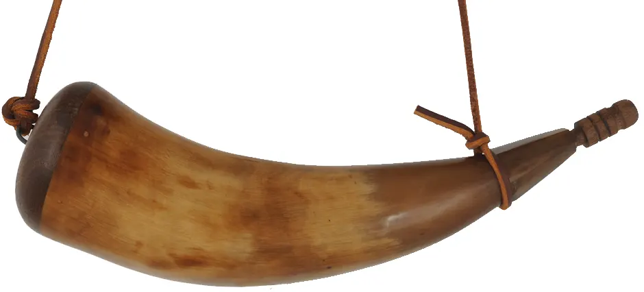 Powder Horn,10-1/2", patina finished, with leather strap