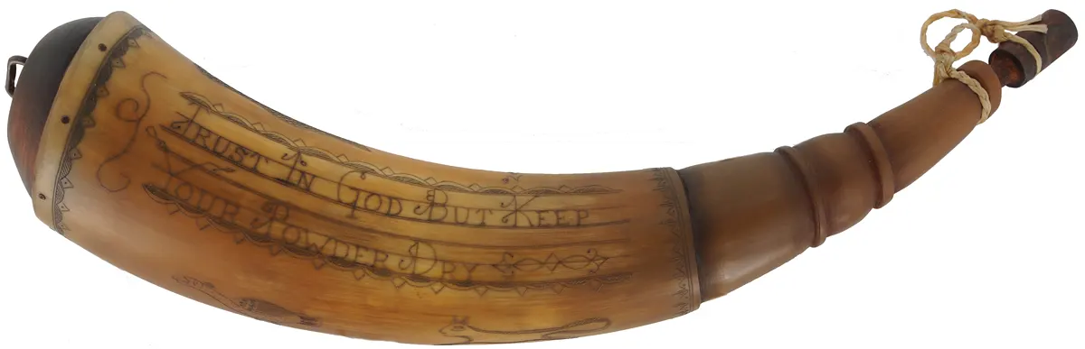 Powder Horn,11-3/4", scrimshaw verse, animals, compass rose