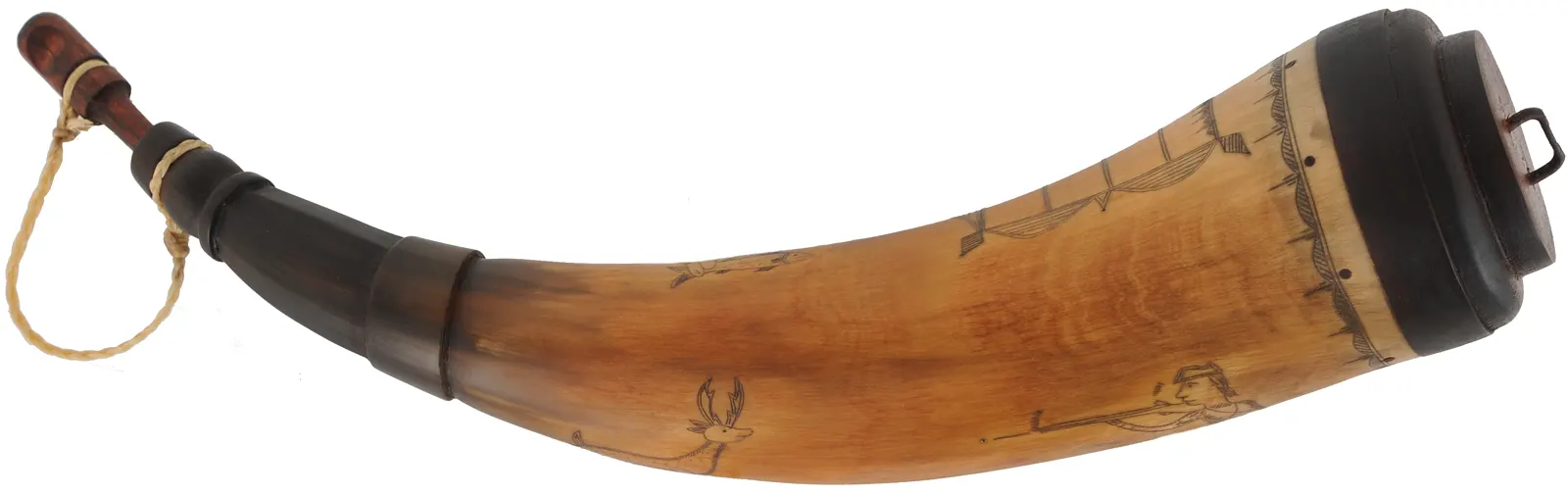Powder Horn,12-1/2", scrimshaw hunting scene