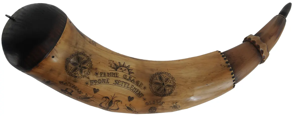 Powder Horn,13-3/4", scrimshaw Daniel Boone theme,iron staple, domed base