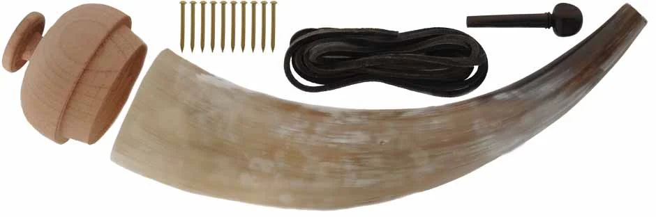 Powder Horn Kit,medium, polished, unfinished,includes; horn, base, stopper, strap, nails, and instructions, ready to assemble