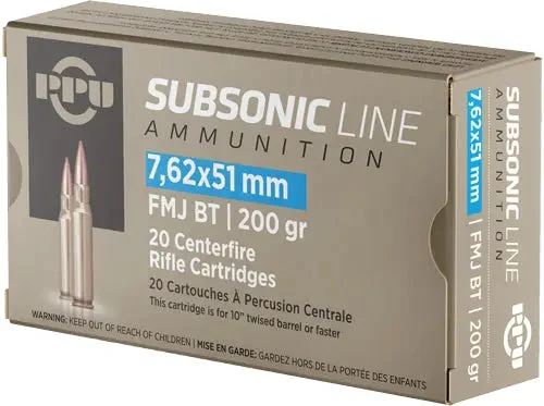 PPU SUBSONIC 7.62X51 200GR FMJ-BT 20RD