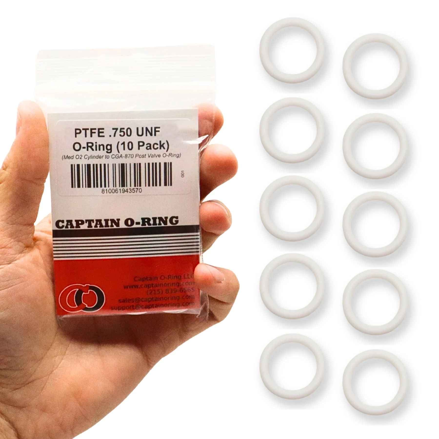 PTFE Teflon .750" UNF CGA-870 Oxygen Cylinder-To-Valve O-Rings (10 Pack)