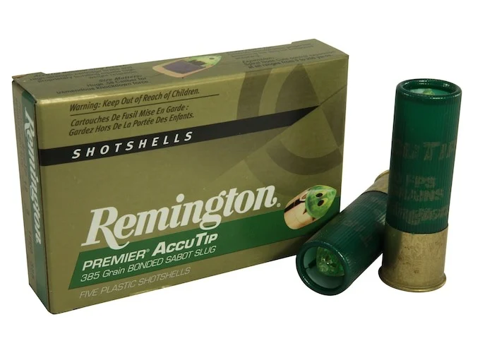 Remington Premier Ammunition 12 Gauge 3″ 385 Grain AccuTip Bonded Sabot Slug with Power Port Tip Box of 5