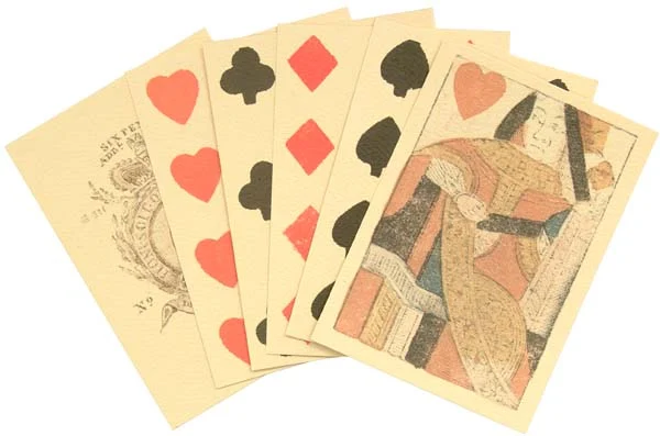 Reproduction 18th Century Playing Cards,hand stamped colored inks on textured paper