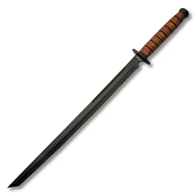 Rite Edge 27.5In Combat Sword Stacked Leather Handle Black Coated Tanto Blade 926969