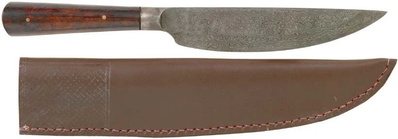 Roach Belly Knife, Damascus with Bone Scales, 5-1/4" blade, with leather sheath
