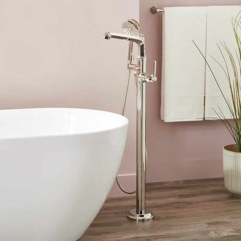 Signature Hardware Elita Floor Mount Tub Filler Faucet with Hand Shower in Polished Nickel – Includes Cross Handle | Ferguson