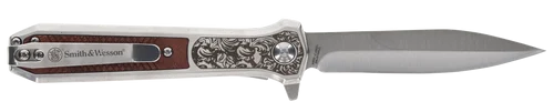 Smith & Wesson Knives Unwavered 3.50" Folding Dagger, Plain Stonewashed 8Cr13MoV SS Blade, 4.25" Rosewood SS Scales Handle