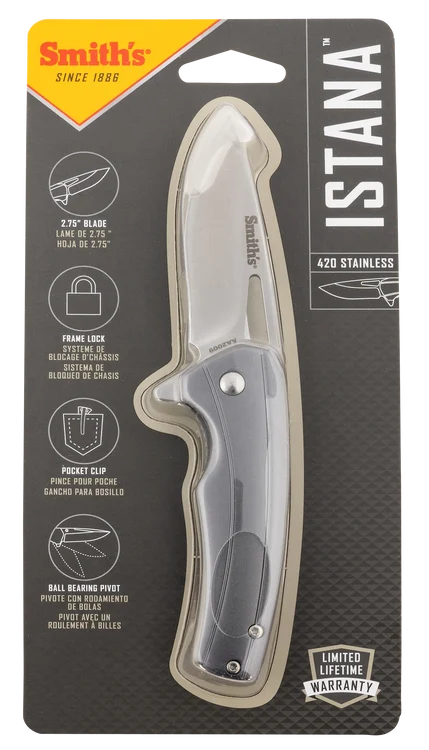 Smiths Products Istana 2.75" Folding Drop Point Plain Satin 400 SS Blade/Gray Anodized Aluminum Handle Includes Pocket Clip