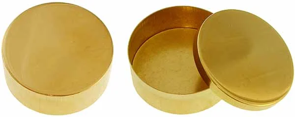 Snuff box, 2-3/4" round, polished brass, made in the U.S.A.