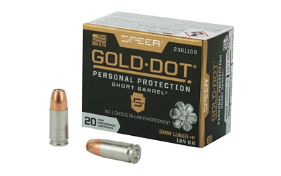 Speer 23611GD Gold Dot Personal Protection Short Barrel 9mmLuger+P 124gr Hollow Point 20 Per Box/10 Case