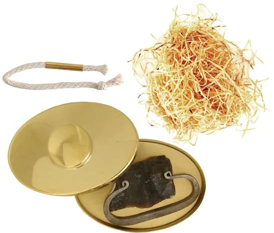 Strike-a-light set: steel striker, flint, brass tobacco box, tinder tube, & tinder