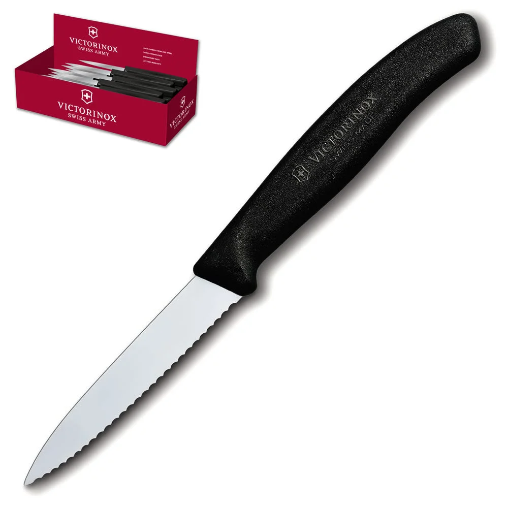 Swiss Classic Paring Knife Display – 2 Dozen 3.25″ Serrated Spear Tip Paring Knives by Victorinox – Black Handle (6.7633)
