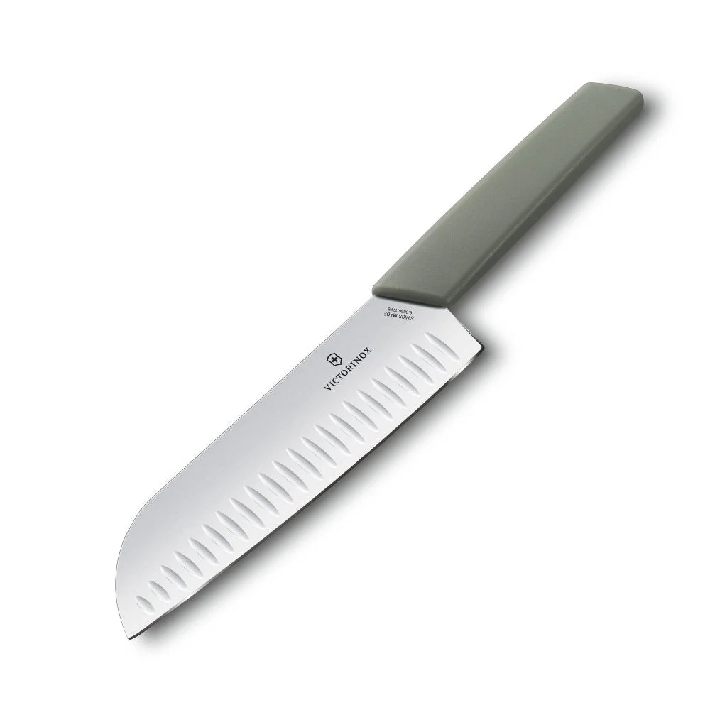 Swiss Modern Colors 7.5″ Granton Edge Santoku Knife in Olive Green by Victorinox