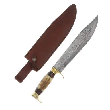 Szco Damascus Bowie Knife Stag 9.25 Inch Plain Clip Point DM1164