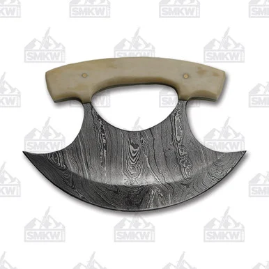 SZCO Supplies Alaskan Damascus Steel Bone 5.5in Ulu Fixed Blade Knife DM1111BO