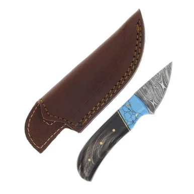 SZCO Supplies Horn-Turquoise Skinner 2in Damascus Fixed Blade Knife DM1146HN