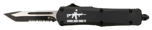 Templar Knife Gen II Come And Take It Small 2.69" OTF Tanto Part Serrated Black Oxide 440C SS Blade, 4.31" Black "Come And Take It" Cannon Aluminum Handle, Glass Breaker