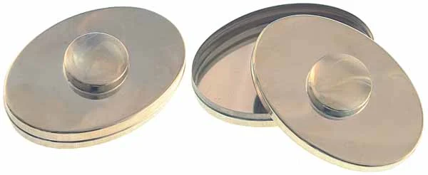 Tinder Boxwith burning glass lens,3'' wide by 4-1/2'', tin plated