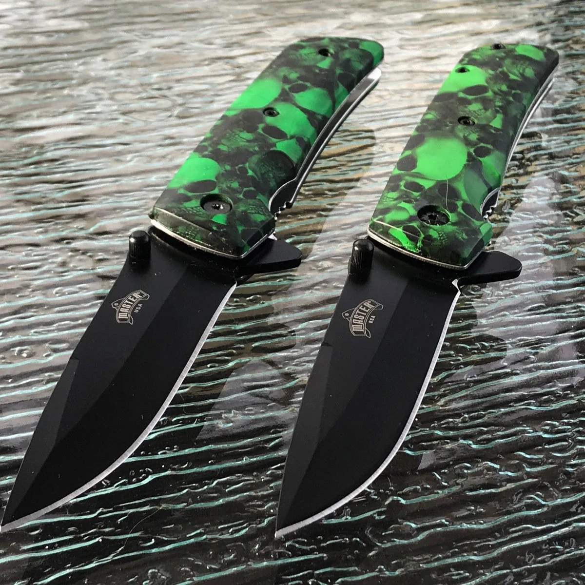 Two 8″ Master USA Assisted Open Green Skull EDC Pocket Knife MU-A005GN