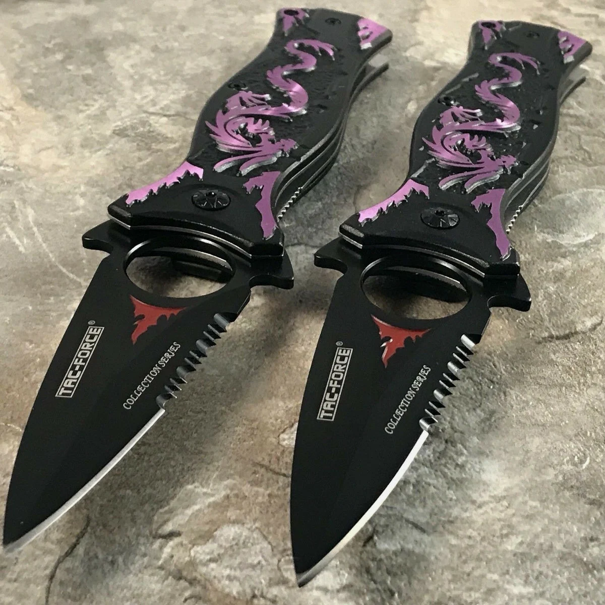 TWO PURPLE DRAGON ASSISTED OUT DOOR FANTASY FOLDING POCKET KNIFE SET TF-707PE