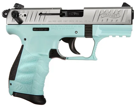 Walther Arms 5120362 P22 *CA Compliant 22 LR 10+1 3.42″ Stainless Steel Serrated/Steel Slide, Angel Blue Polymer Frame w/Picatinny Rail, Black Interchangeable Backstrap Grips