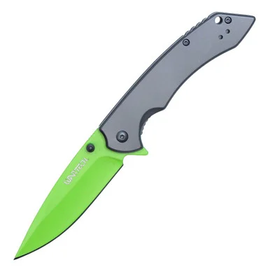 WarTech Assisted Folding Knife Gray 3.5in Plain Neon Green Drop Point NTPWT335GN