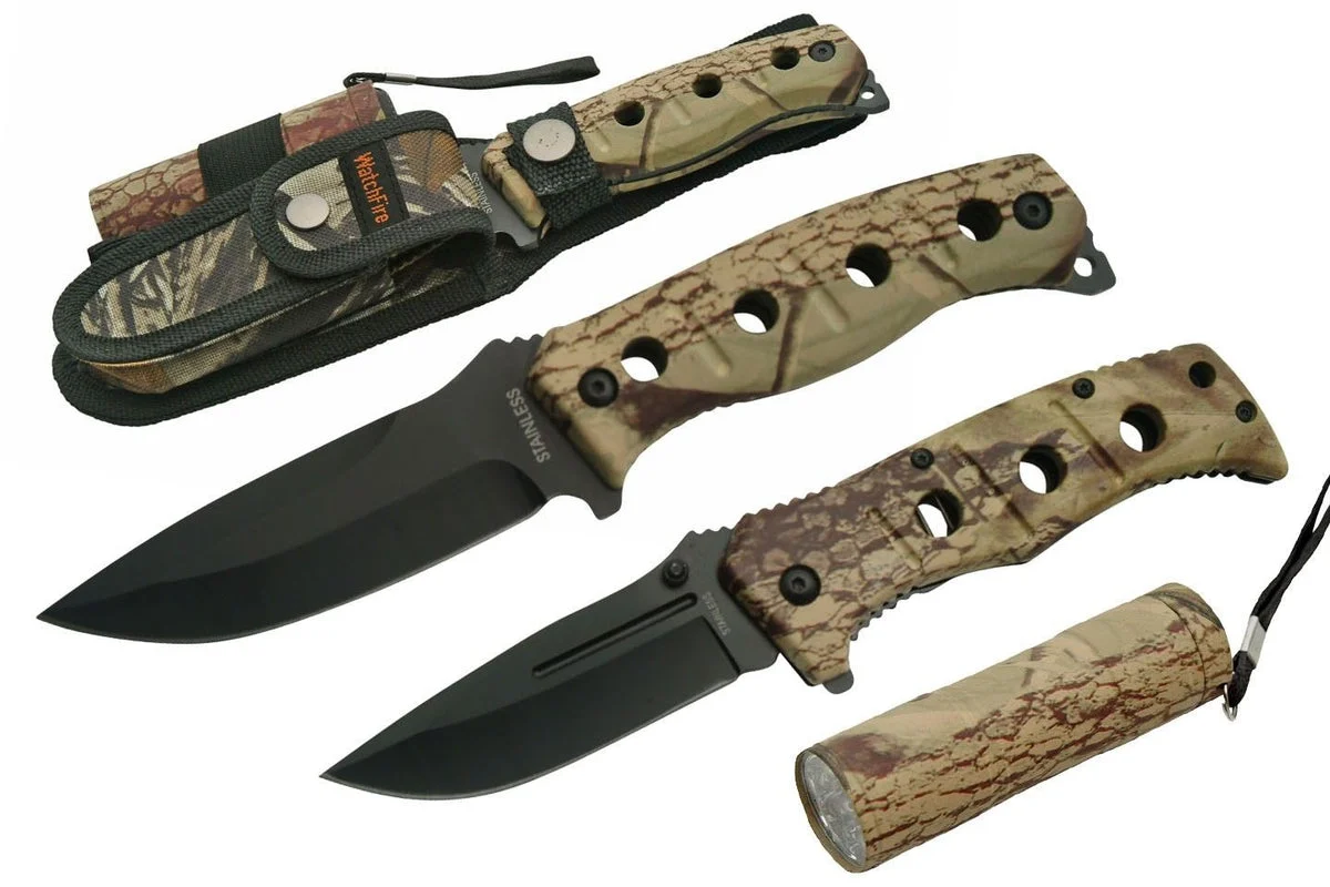 WatchFire Hunting Camping Knives Set Survival Camo Kit w/ LED Light
