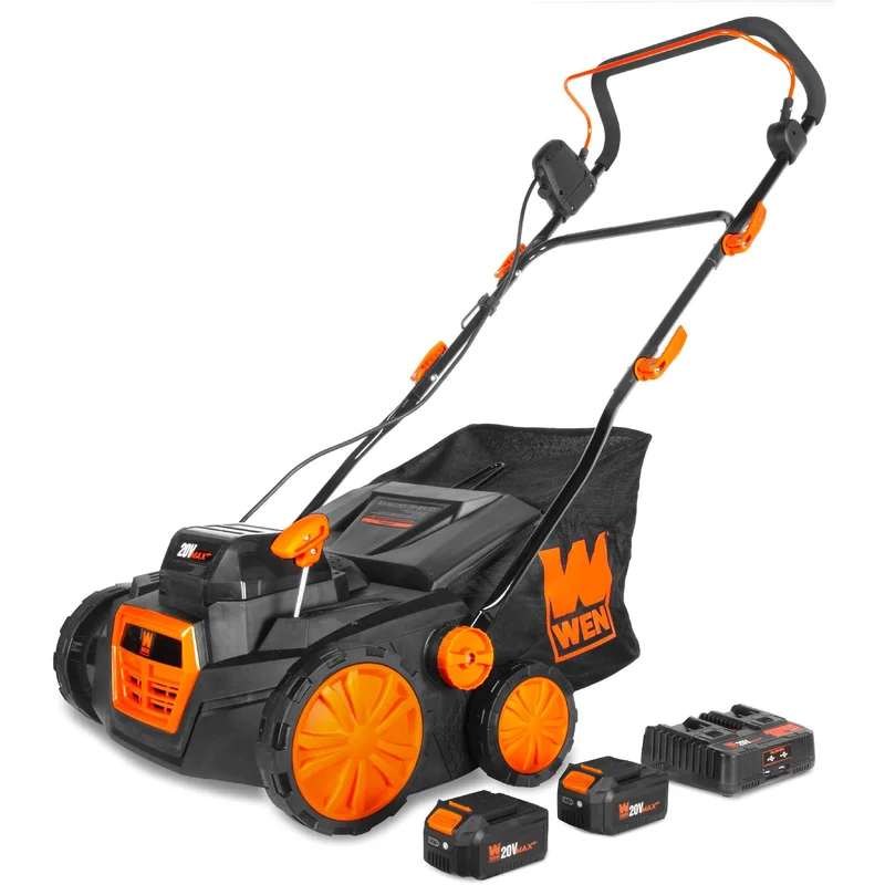 WEN 20716 20V Max Cordless 15-Inch 2-in-1 Brushless Electric Dethatcher and Scarifier with Collection Bag