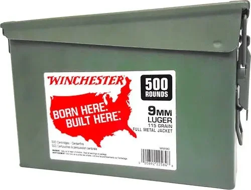 WINCHESTER 9MM LUGER 115GR FMJ RN CASE OF (2) 500RD AMMO CANS