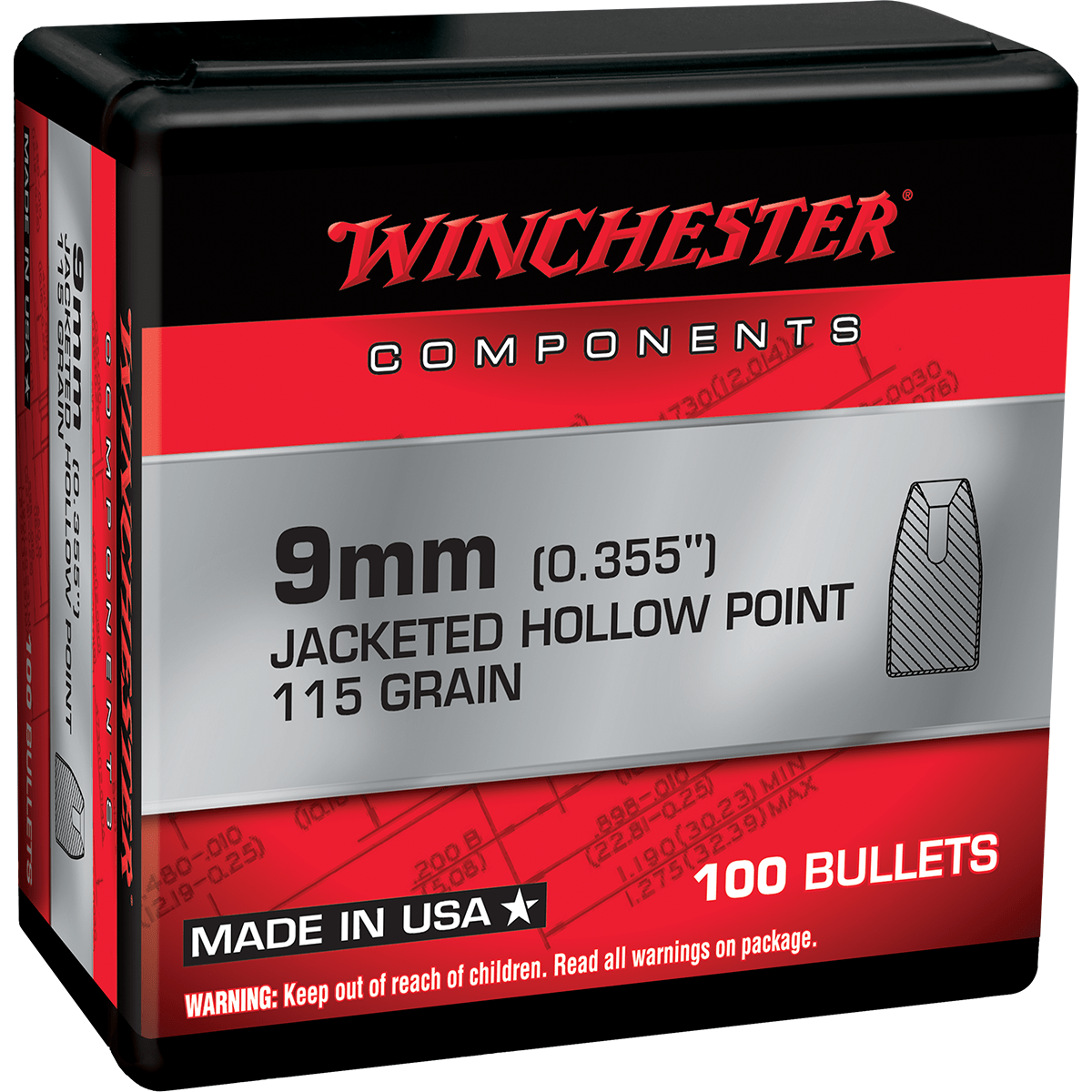 Winchester Ammo WB9JHP115 Centerfire Handgun 9mm .355 115 GR Jacketed Hollow Point Notched 100 Box