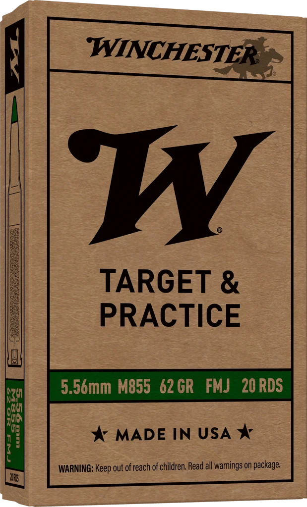 Winchester USA 5.56x45mm NATO 62 grain Green Tip M855 Full Metal Jacket Boat Tail FMJBT Brass Centerfire Rifle Ammunition