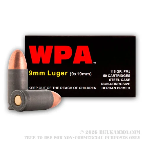 500Rounds of 9mm Ammo by Wolf WPA - 115gr FMJ